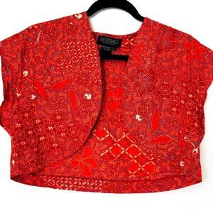 The J. Peterman Co. Red Floral Cape Top Cotton Blouse Cropped L Boho Grandmacore
